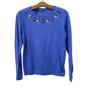 Talbots Embellished Sailboat Pullover Sweater Womens XS Crewneck Blue NEW